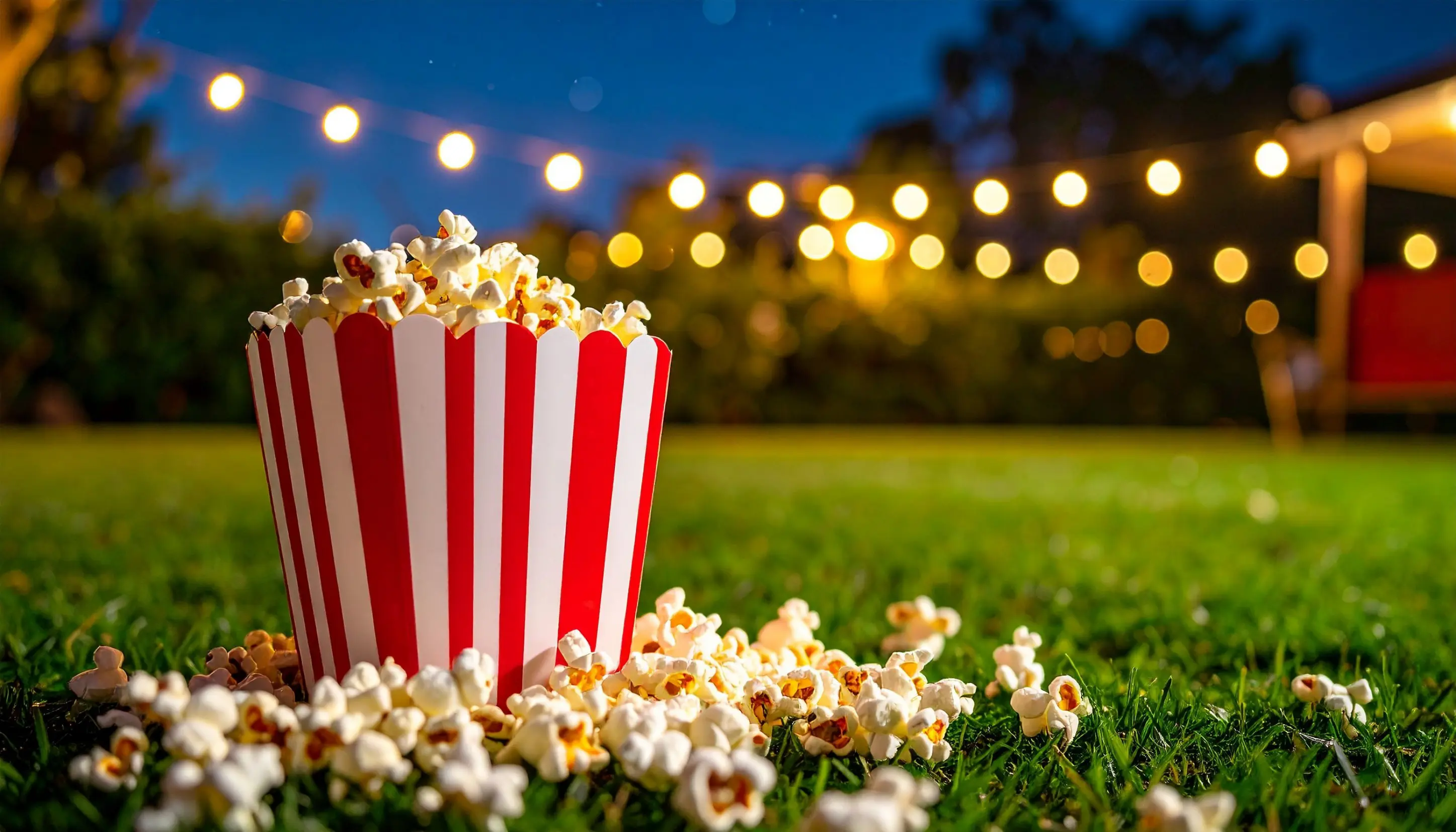 Giant popcorn outside with fairy lights glittering