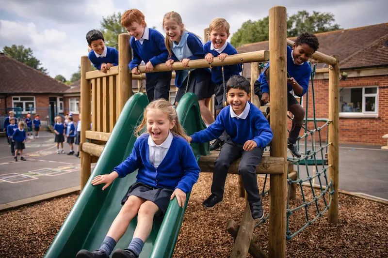 Children playing on playground equipment at a British primary school
